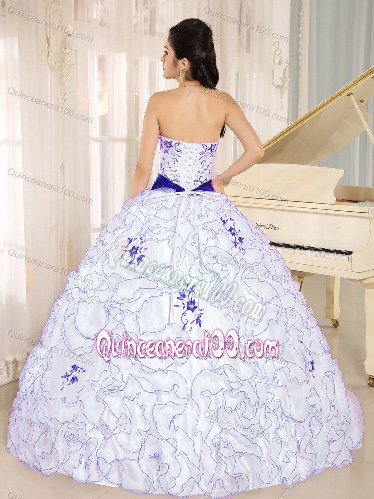 Bambi Awards White Ruffled Quince Dresses with Blue Ribbon and Embroidery