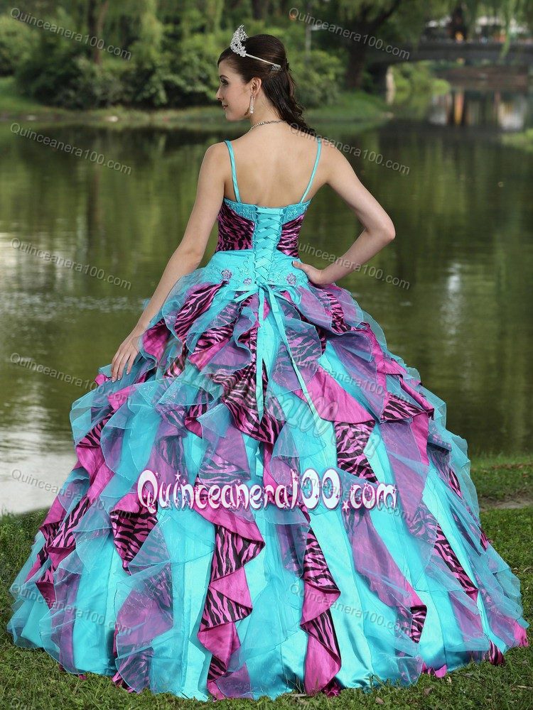 Spaghetti Straps Appliqued Quinces Dresses with Colorful Ruffles