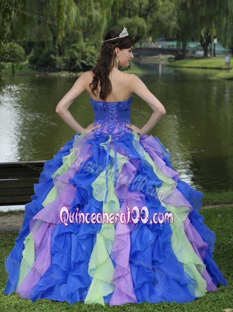 Strapless Appliqued Quince Party Dress with Colorful Ruffles