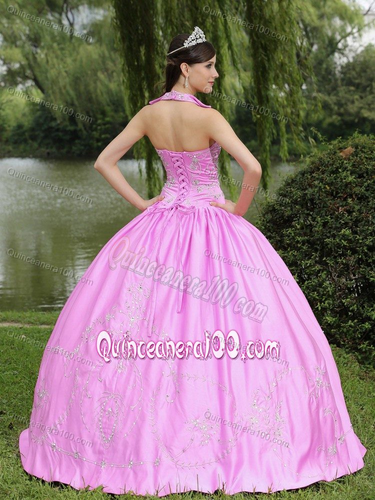 Square Neck Beading Rose Pink Dress for Quince with Embroidery