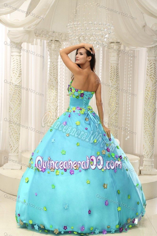 Strapless Baby Blue Dresses for 15 with Colorful Hand Made Flowers