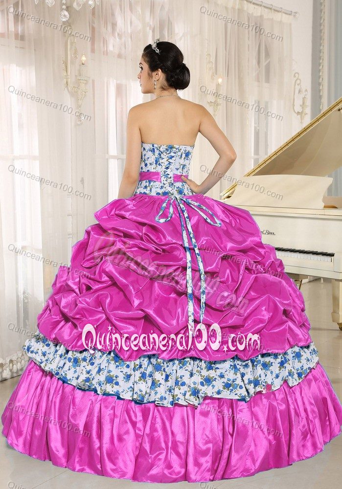 Tiered Beading Printing Dress for Quince with Pick-ups and Ribbon