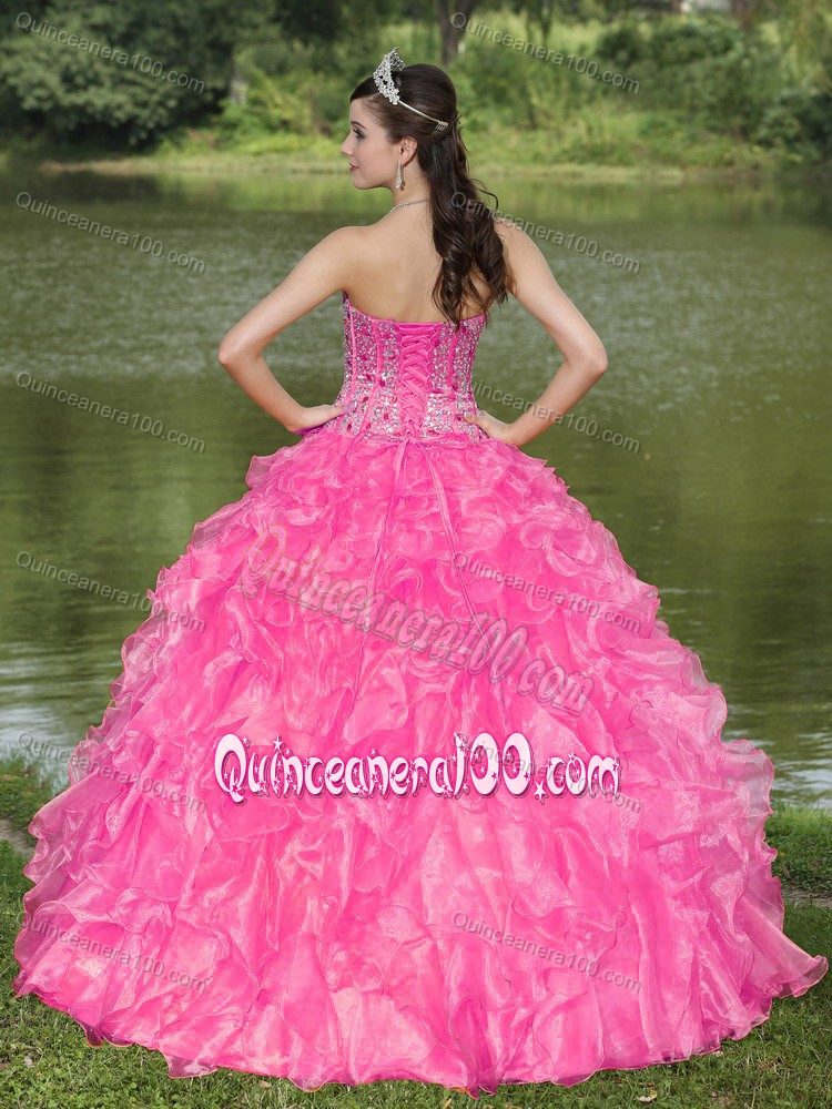 Sweetheart Beading Bodice Hot Pink Dress for Quince with Ruffles