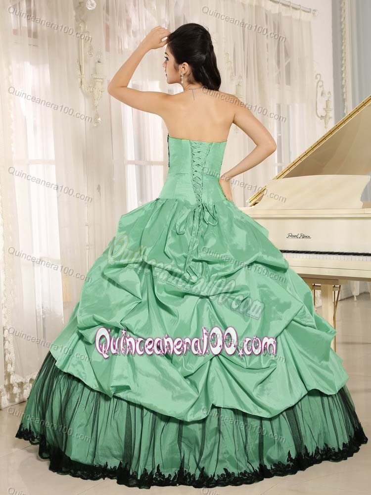 Turquoise Sweet 16 Dresses with Pick-ups and Black Appliques