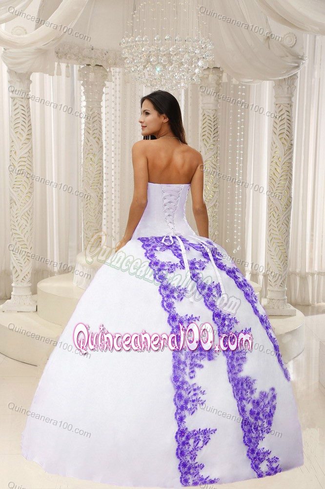 White Strapless Quinceanera Party Dress with Purple Embroidery