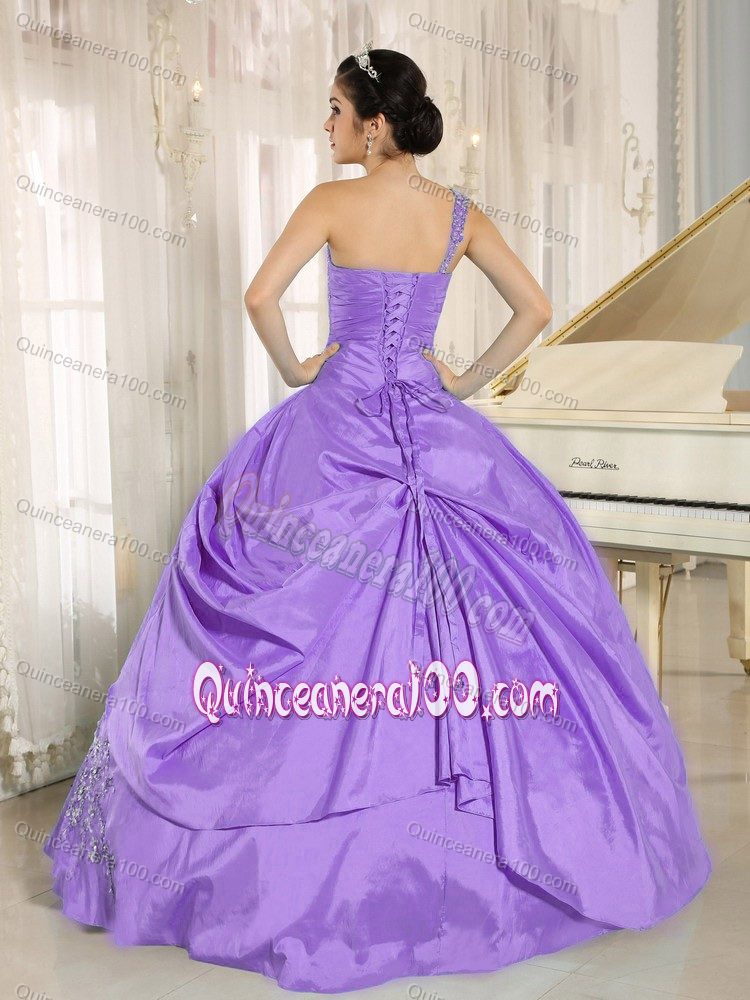 Beading Appliqued Lavender Dress for Quince with One Shoulder