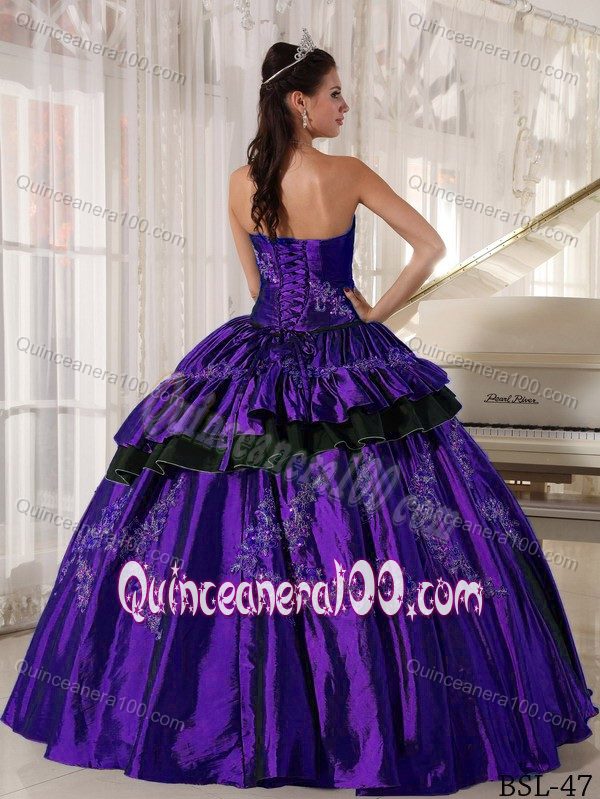 Purple Taffeta Strapless Sweet 16 Dresses with Appliques and Tiers