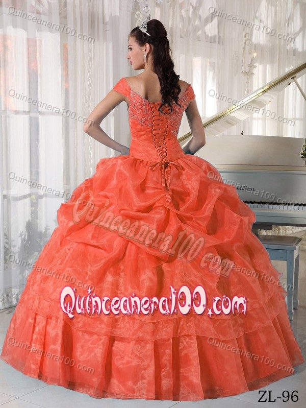 Appliqued off Shoulders Orange Red Dress for Quince with Pick-ups