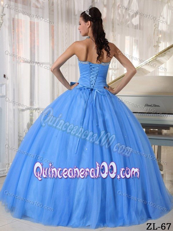 Strapless Pleated Light Blue Quinces Dresses with Bowknot Front