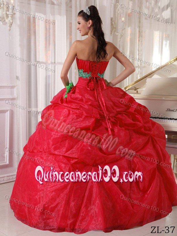 Green Appliqued Red Quinceanera Party Dress with Pick-ups