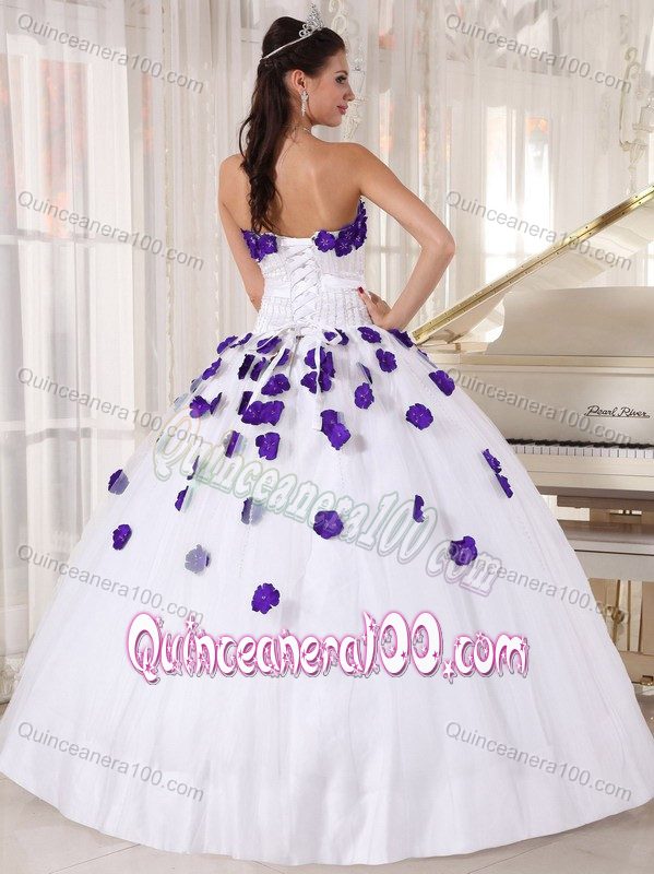 White Strapless Quinceanera Dresses with Purple 3D Flowers