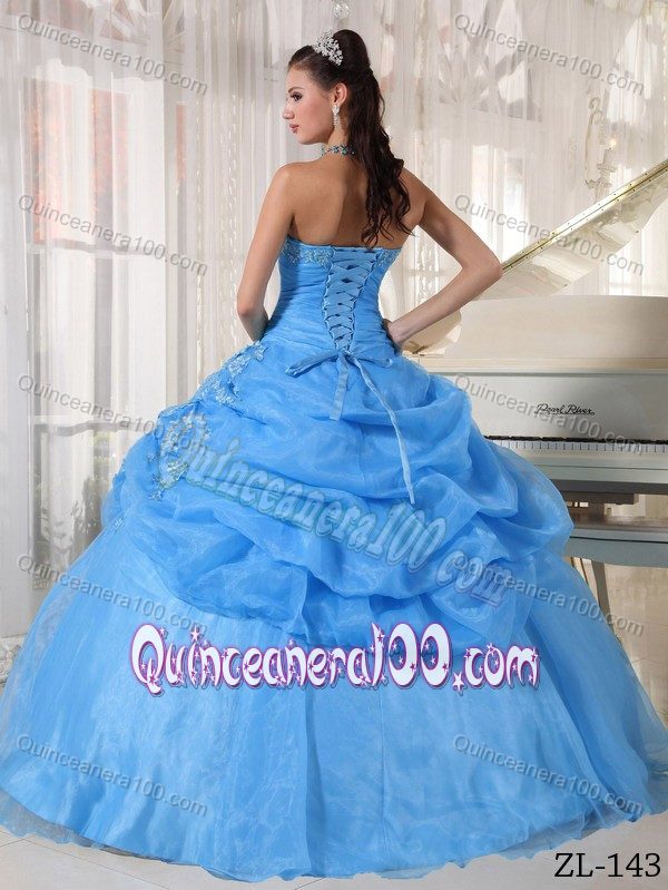 Appliqued Sky Blue Strapless Sweet 16 Dresses with Pick-ups