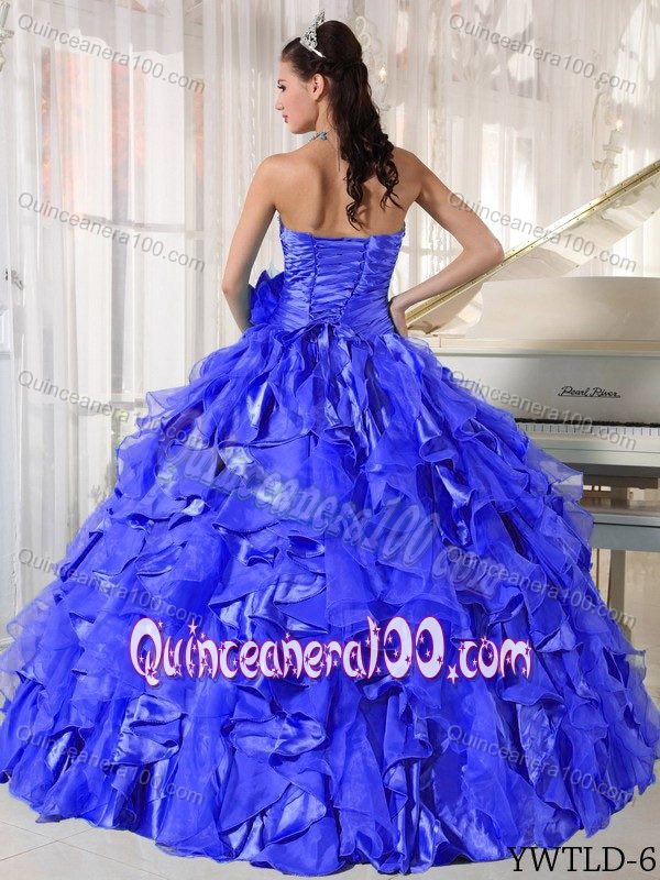 Ruched Royal Blue Ruffled Sweet 16 Dress with Hand Made Flower