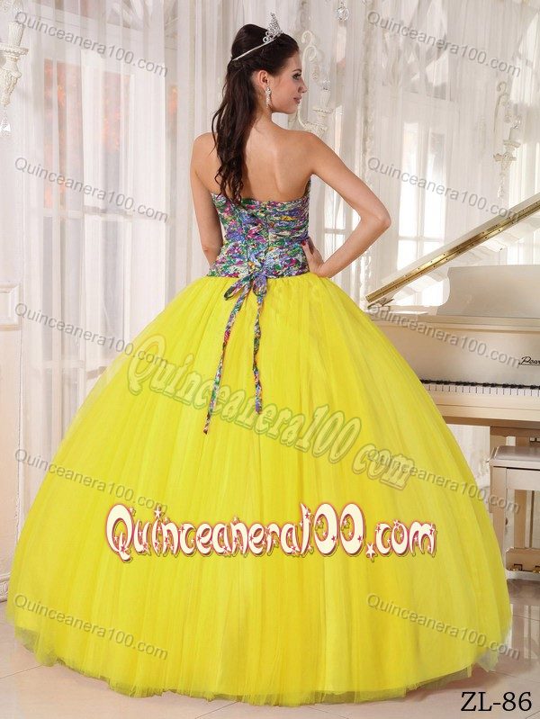 Strapless Printing Bodice Yellow Quinces Dresses with Bowknot