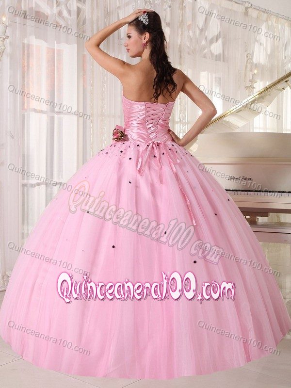 Pleated Baby Pink Ruched Quinces Dresses with Hand Made Flower