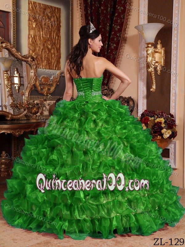 Sweetheart Green Ruffled Dress for Sweet 16 with Beading Waist