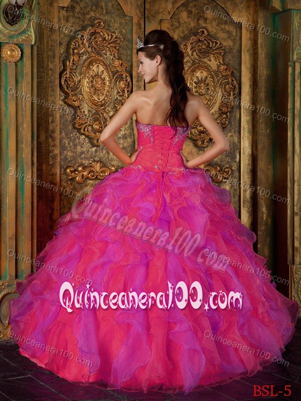 Appliqued Red Ruched Bodice Dress for Sweet 16 with Ruffles