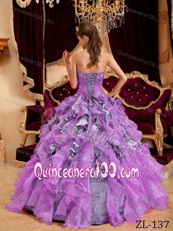 Leopard Print and Organza Ruffles Sweet Sixteen Dress in Lilac