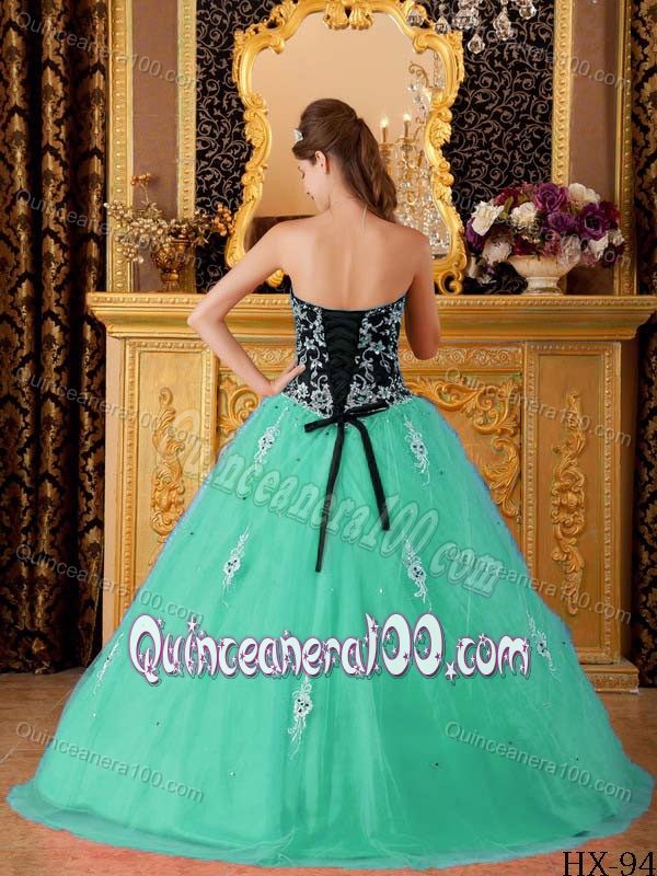 Appliqued Black and Turquoise Sweet 15 Dresses with Sweetheart