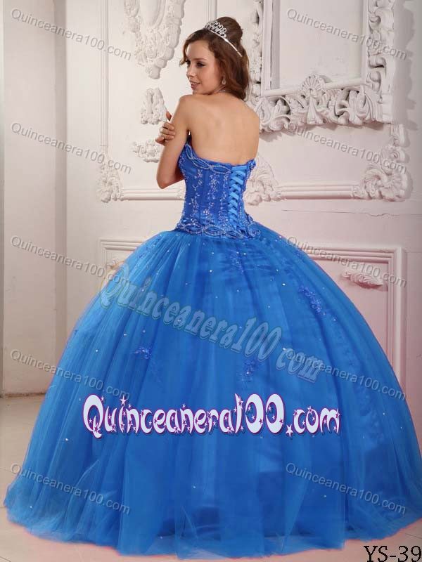 New Strapless Blue Tulle Quinceanera Dresses with Appliques