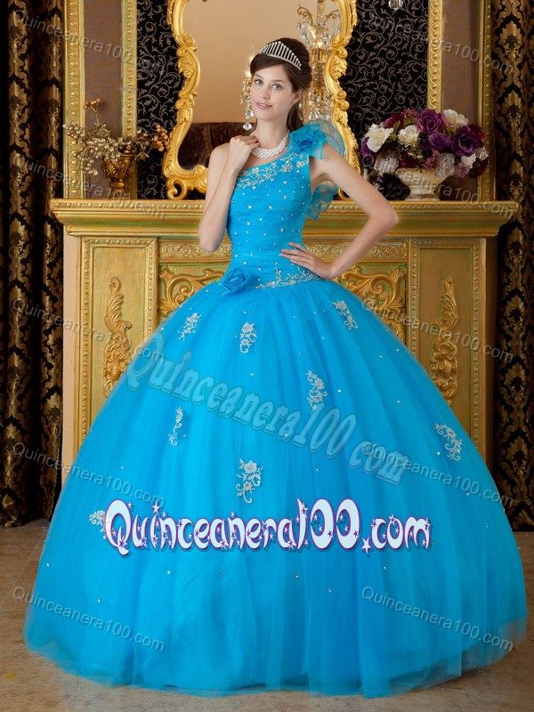 Beaded Blue One Shoulder Quinceanera Gowns Dresses with Appliques