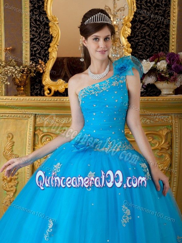 Beaded Blue One Shoulder Quinceanera Gowns Dresses with Appliques