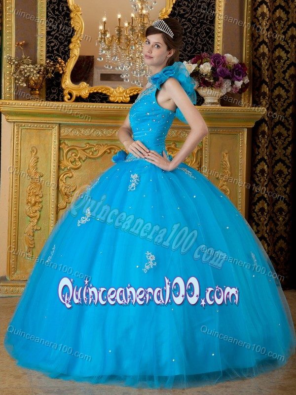 Beaded Blue One Shoulder Quinceanera Gowns Dresses with Appliques