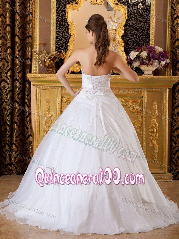 Appliqued White Strapless Organza Dresses of 15 of Floor Length