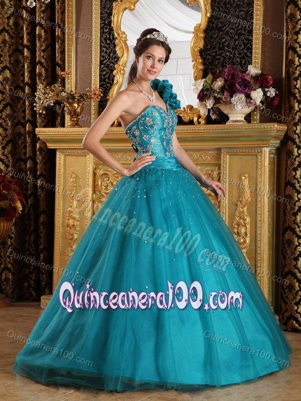 Flowery One Shoulder Teal A-line Dress of 15 with Appliques