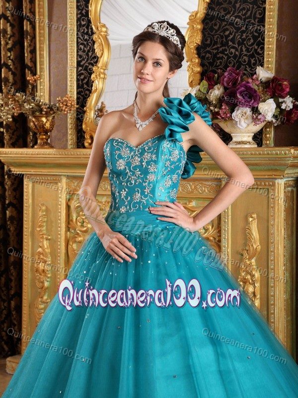 Flowery One Shoulder Teal A-line Dress of 15 with Appliques