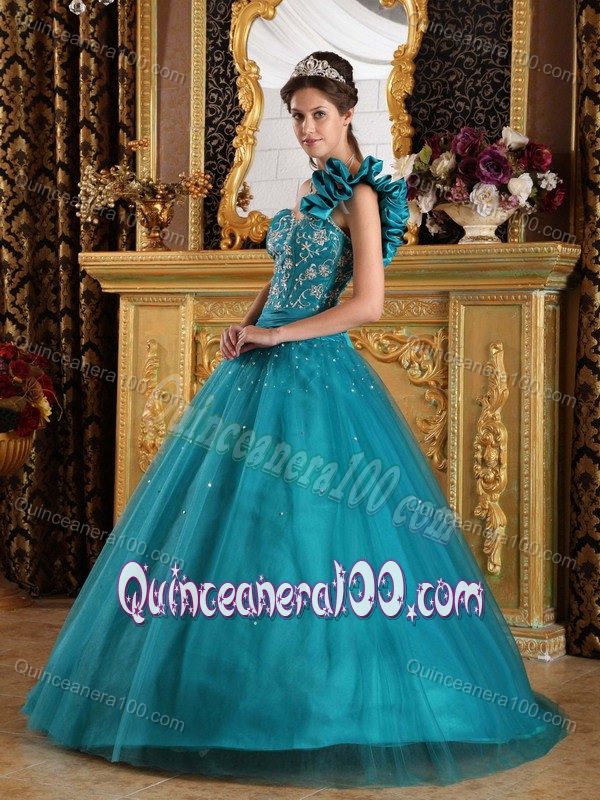 Flowery One Shoulder Teal A-line Dress of 15 with Appliques