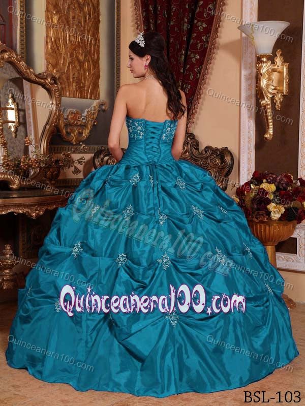 Teal Ball Gown Taffeta Dresses of 15 with Pick ups and Appliques