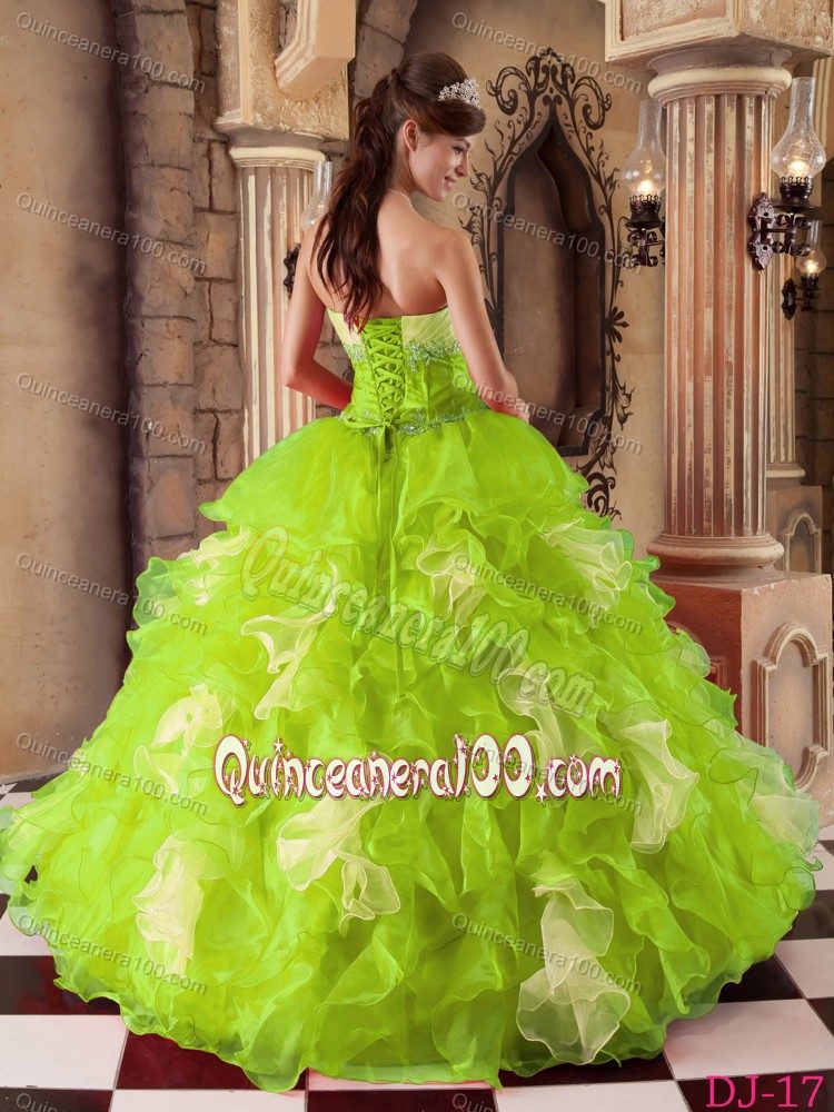 Appliqued and Ruched Lemon Green Quinceanera Dress Gown Ruffles