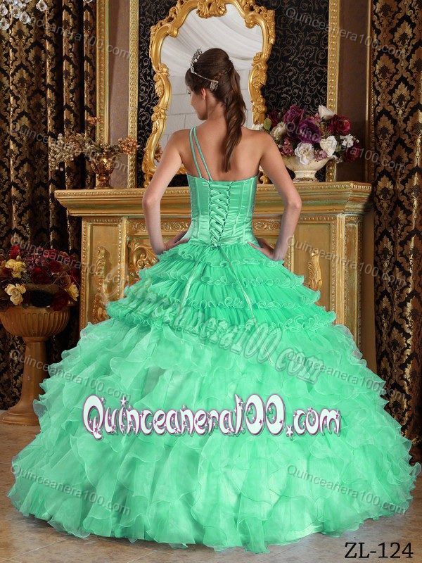 Apple Green One Shoulder Quinceanera Dress Gown with Beading Ruffles