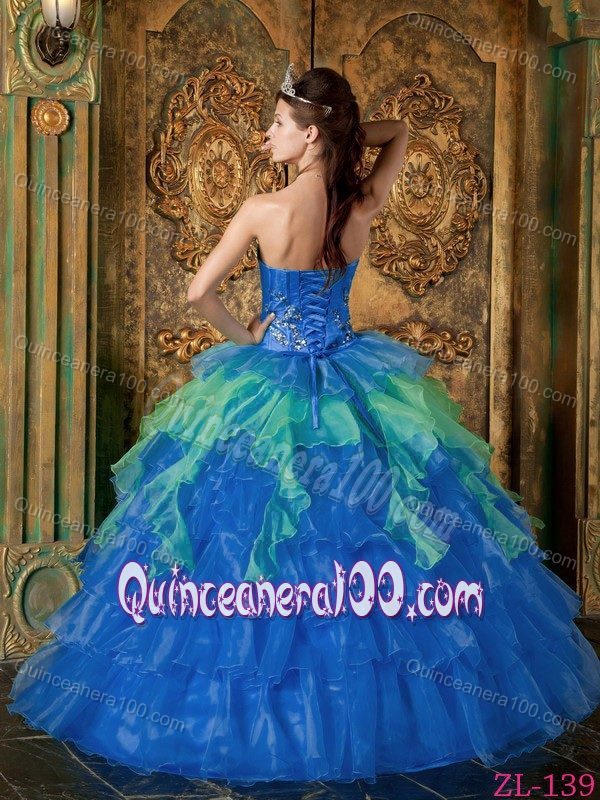 Beaded and Ruffled Blue Organza Strapless Quinceanera Dress Gown