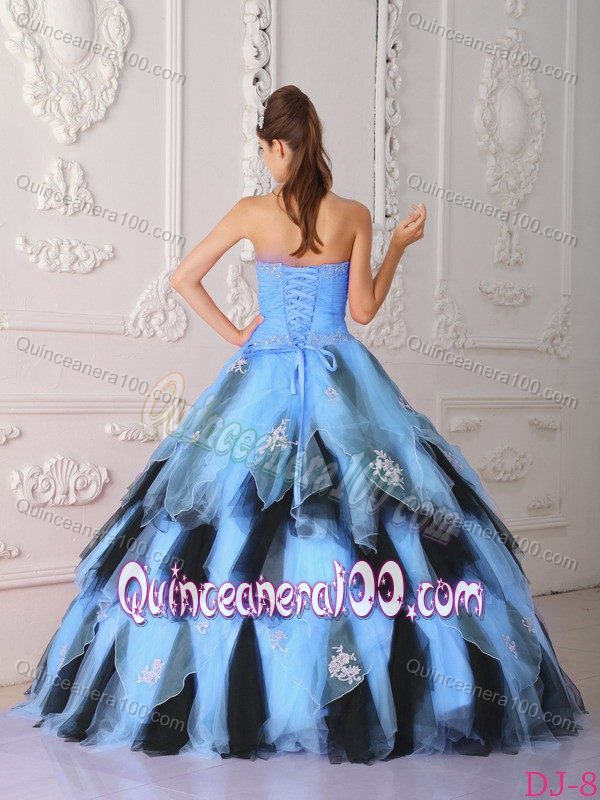 Beaded and Ruched Strapless Blue and Black Dress 15 with Ruffles