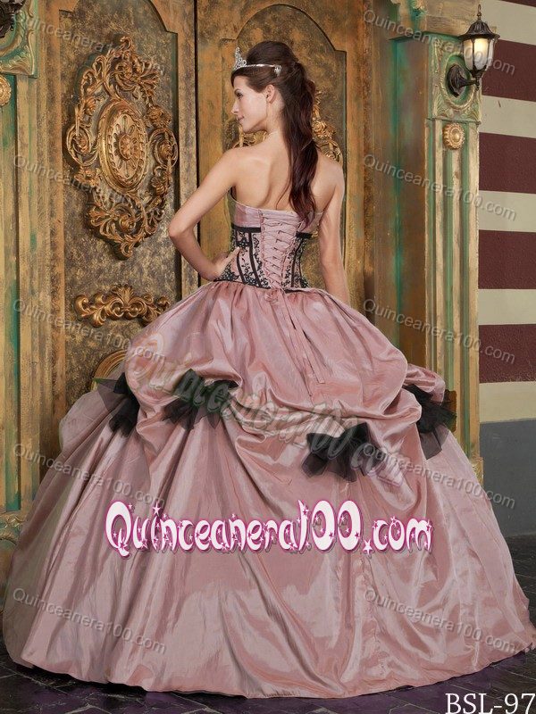 Peach and Black Color Taffeta Dresses 15 with Bowknot Appliques