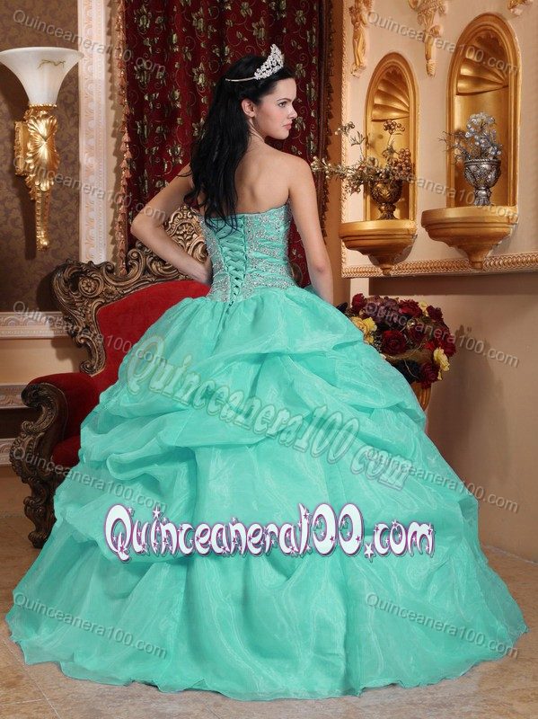 Apple Green Organza Dress for Quinceanera with Beading and Pick ups