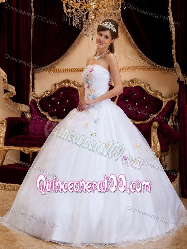 Colorful Embroidery Accent White Strapless Organza Dresses for 15