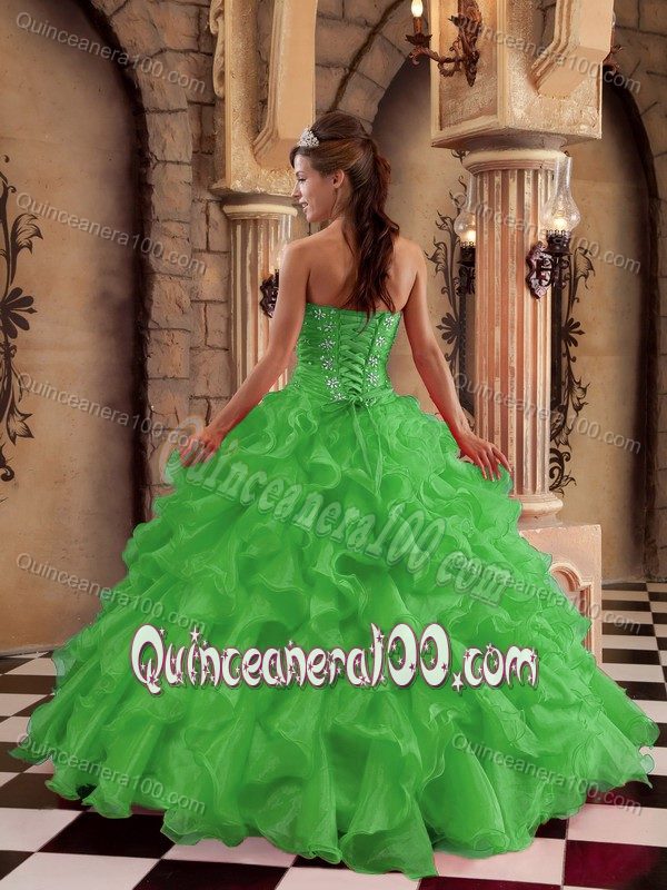 Ruched and Beaded Green Organza Dresses for A Quince with Ruffles