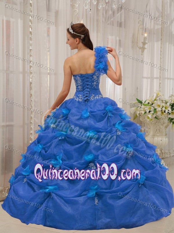 Appliqued Blue Dresses for A Quinceanera with Flowery One Shoulder