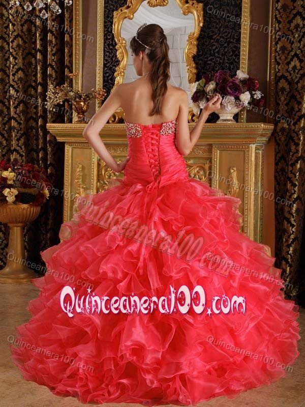 Beaded and Ruched Coral Red Dress for A Quinceanera with Ruffles