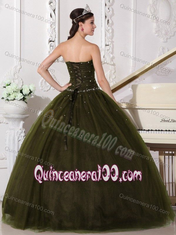 Beaded Dark Olive Green Dresses for A Quinceanera with Sweetheart