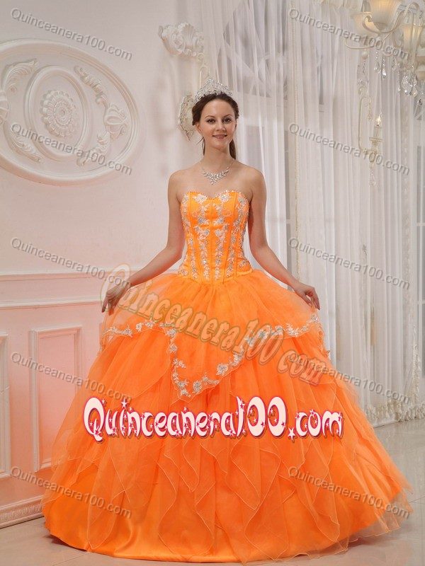 Appliqued and Ruffled Sweet Sixteen Quinceanera Dress in Orange