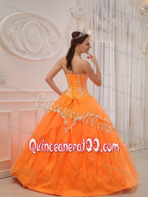 Appliqued and Ruffled Sweet Sixteen Quinceanera Dress in Orange