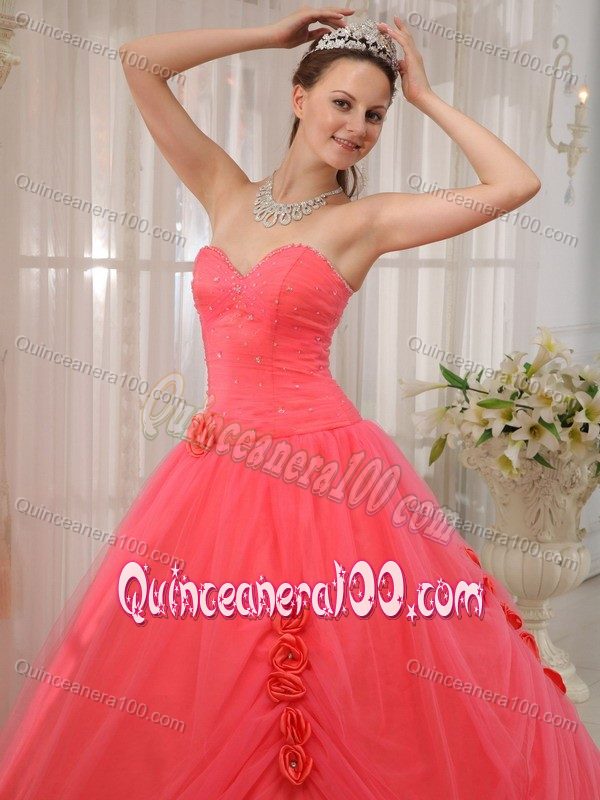 Beaded Watermelon Sweetheart Sweet 16 Dress with Hand-made Flowers