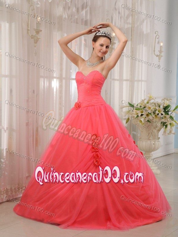 Beaded Watermelon Sweetheart Sweet 16 Dress with Hand-made Flowers