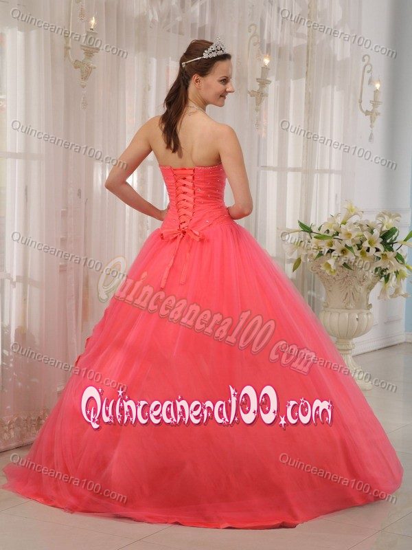 Beaded Watermelon Sweetheart Sweet 16 Dress with Hand-made Flowers