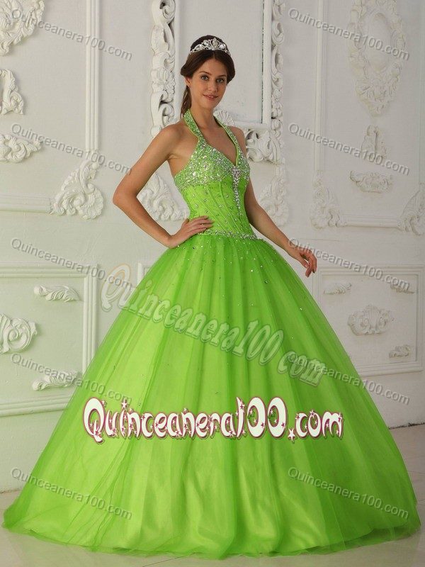 Spring Green Halter A-line Organza Sweet 16 Dress with Appliques