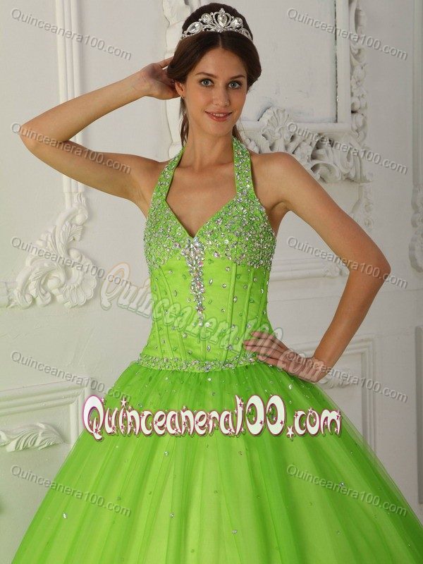 Spring Green Halter A-line Organza Sweet 16 Dress with Appliques